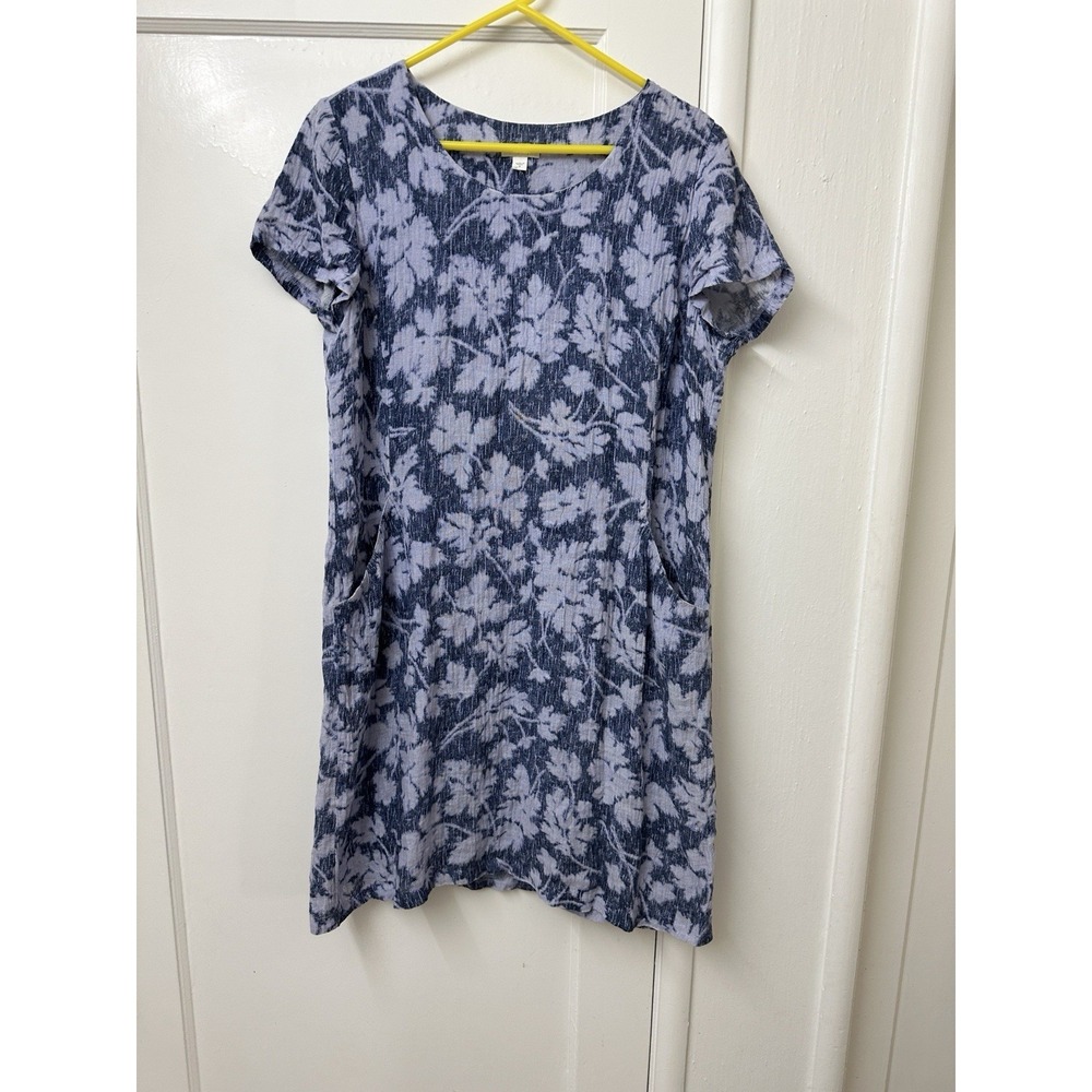 Pure Jill Dress Size M 100% Linen Blue Floral Lined W/Cotton Knee Short Sleeve